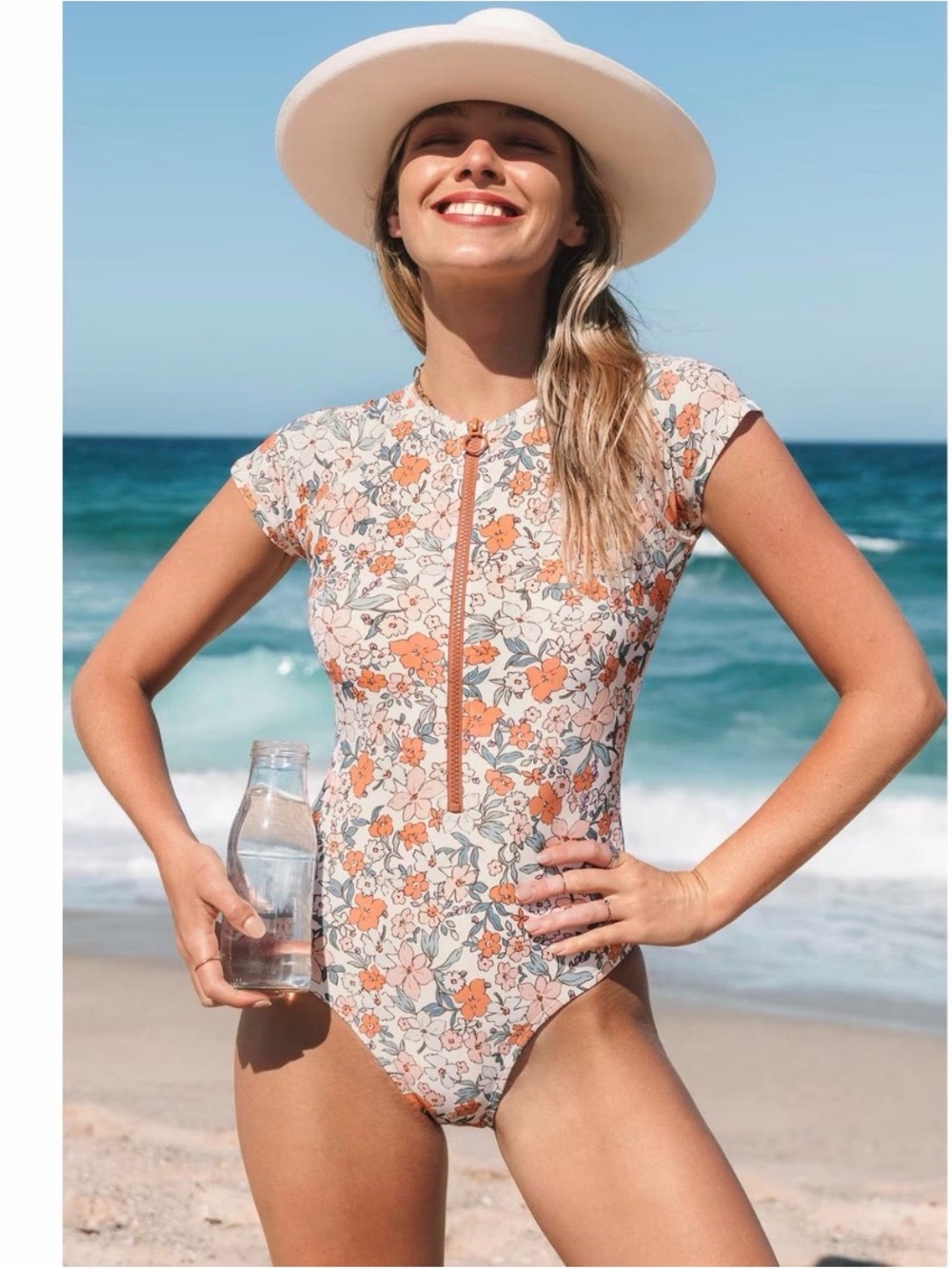 Cupshe Floral Zip-Front One-Piece Swimsuit in Cream and Orange